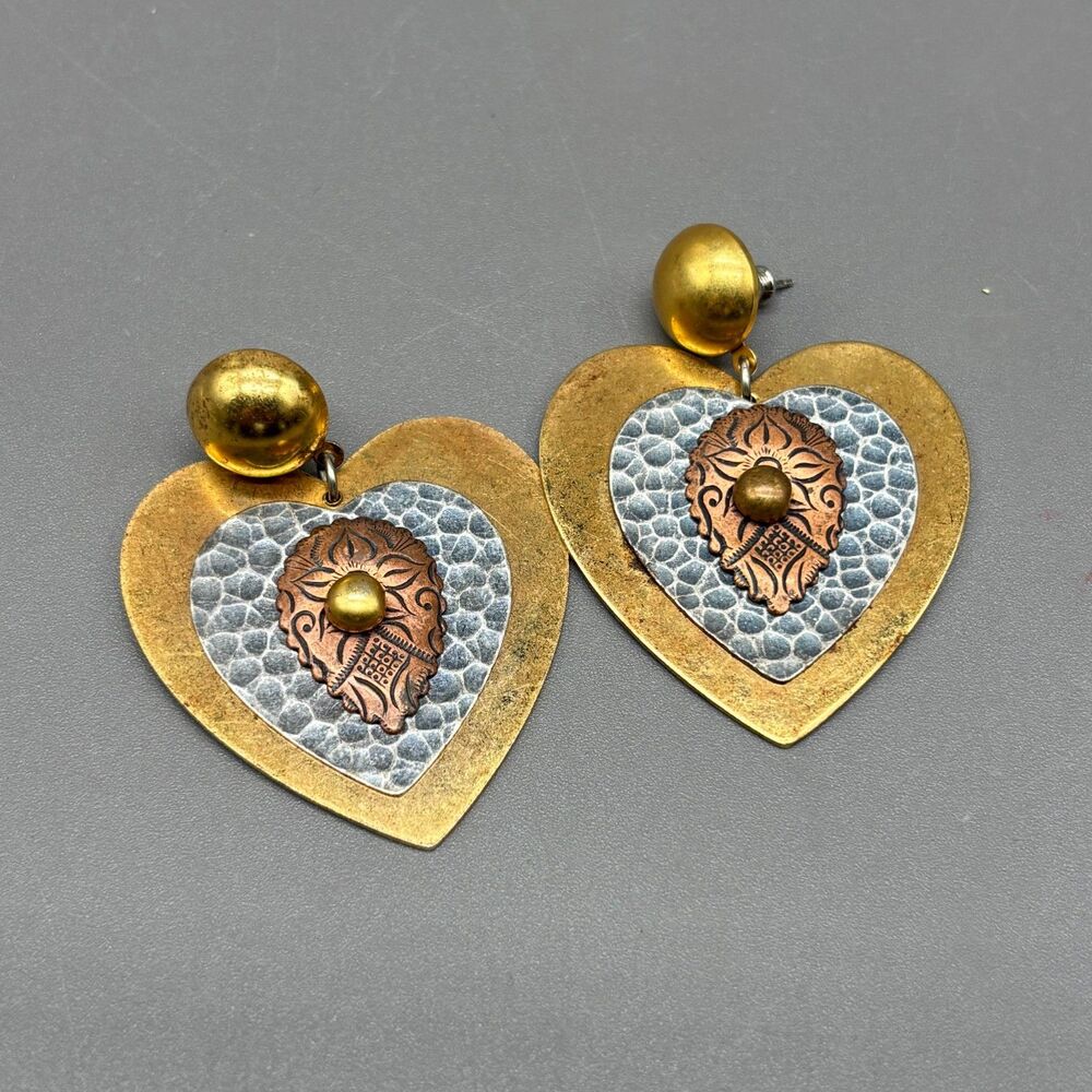 Vintage Mixed Metal Heart Dangle Earrings Copper Brass Riveted Artisan Boho